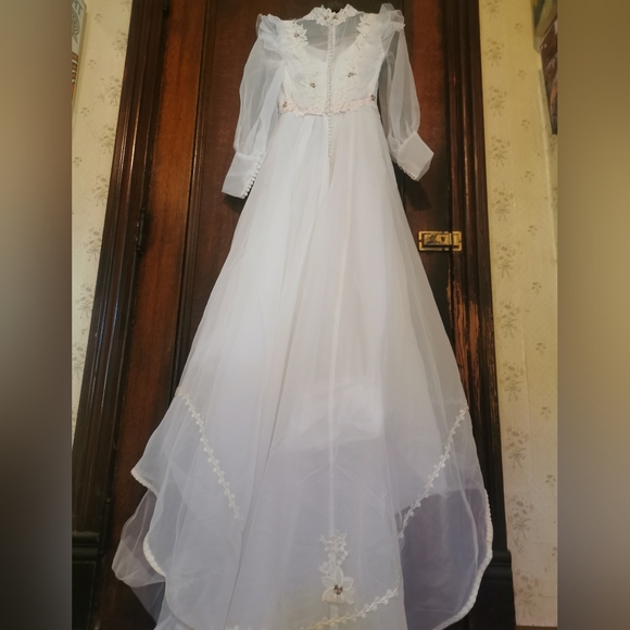 Vintage 60s Wedding Dress Long Veil Train Ruffles Floral Lace Barbie Pink 1960 - Picture 13 of 16